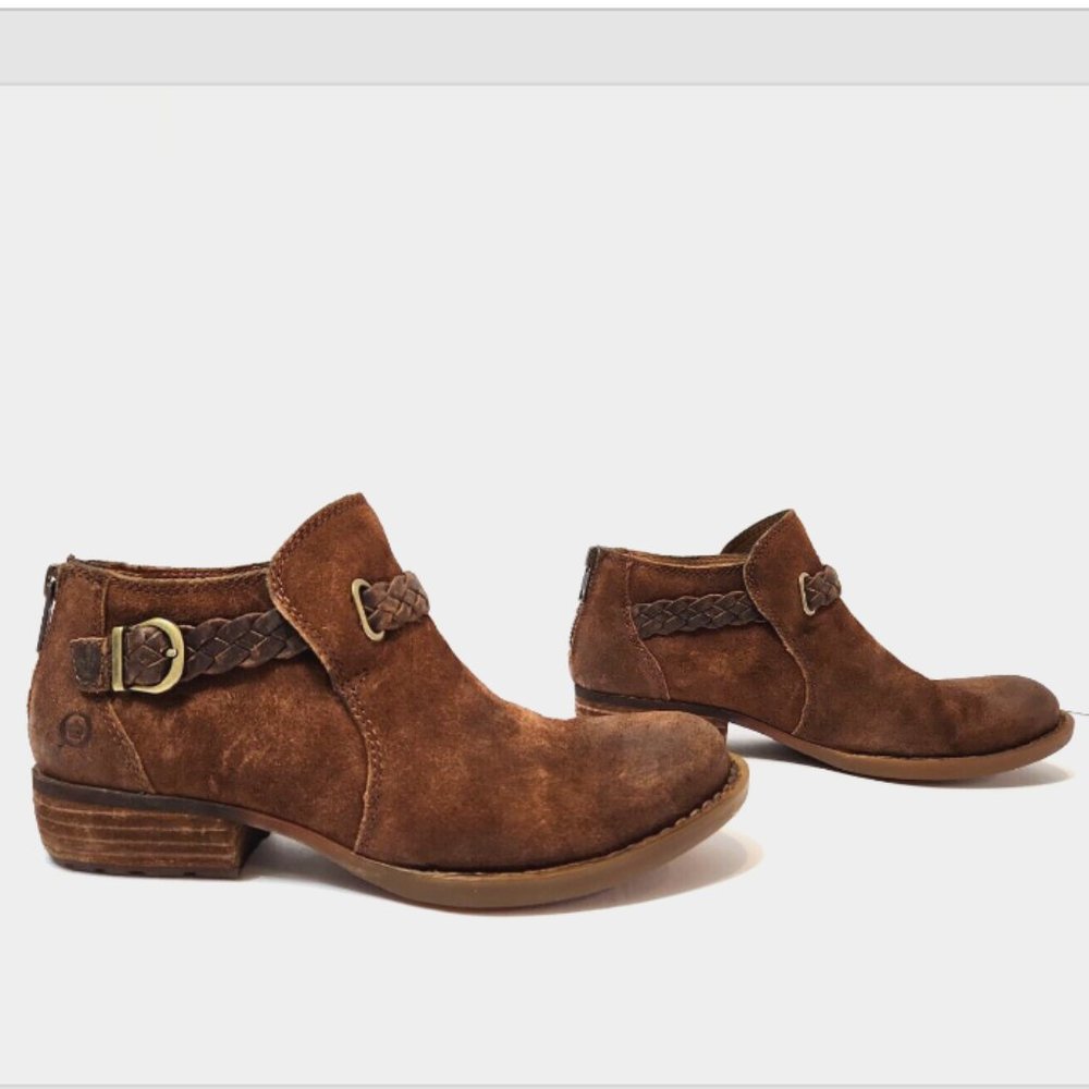 Born Sylvia Ankle Booties Suede Braided Back Zip Western Boots
